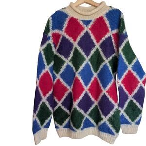 Vintage Mohair Oversized Colorful Argyle Diamond Pattern Pullover Sweater Size M